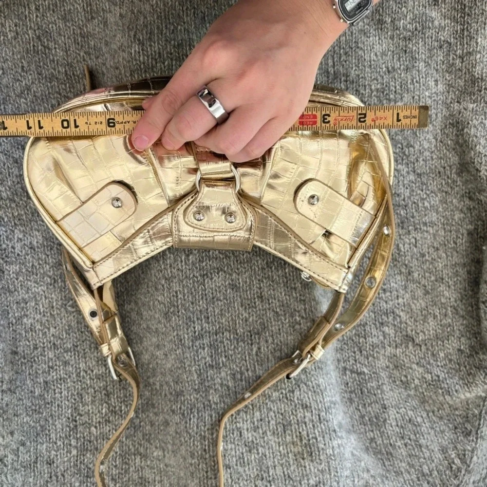 Vintage Shoulder Bag Women Sz S Gold Metallic Croc Embossed Y2K Aesthetic
